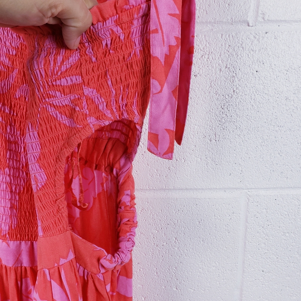 Japna Maxi Dress Tropical Cutout Ruched Top Pink Red Floral Size Large - Picture 8 of 9